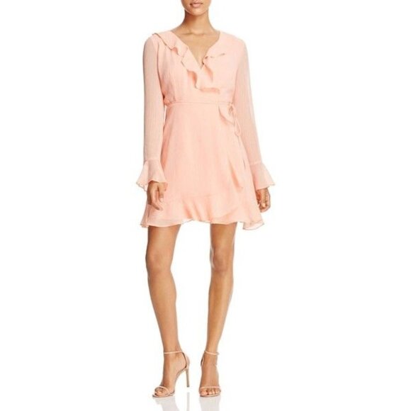 WAYF Blush Pink Gabby Long Sleeve Ruffle Wrap Mini Dress M - Picture 1 of 6